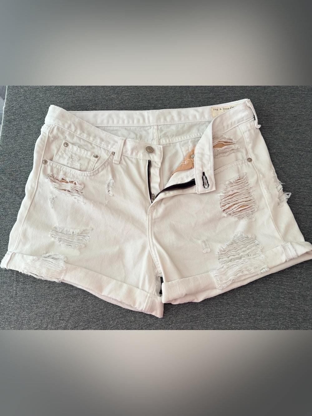 Rag & Bone Boyfriend Rolled Hem Distressed Jean Shorts in Rebel Bright White